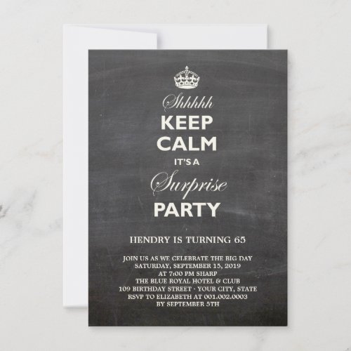 Keep Calm Funny Chalkboard Surprise Birthday Party Announcement