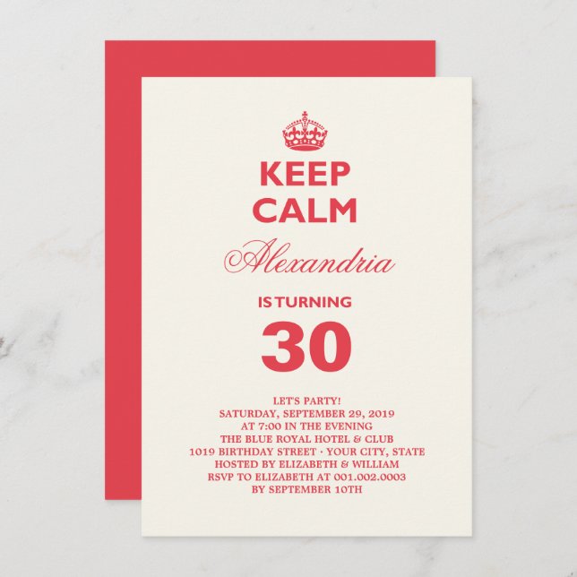 Keep Calm Funny Milestone Birthday Party Invite (Front/Back)