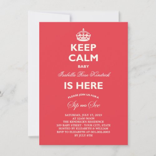 Keep Calm Funny Sip &amp; See Baby Birth Announcement