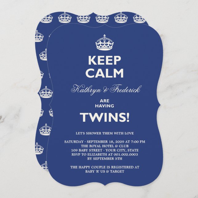 Keep Calm Funny Twins Couples Baby Shower Invite (Front/Back)