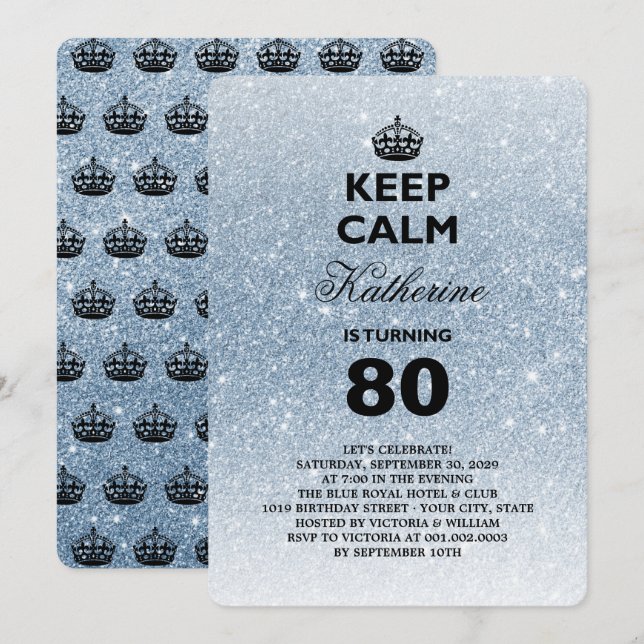 Keep Calm Glitter Milestone Birthday Party Invite (Front/Back)