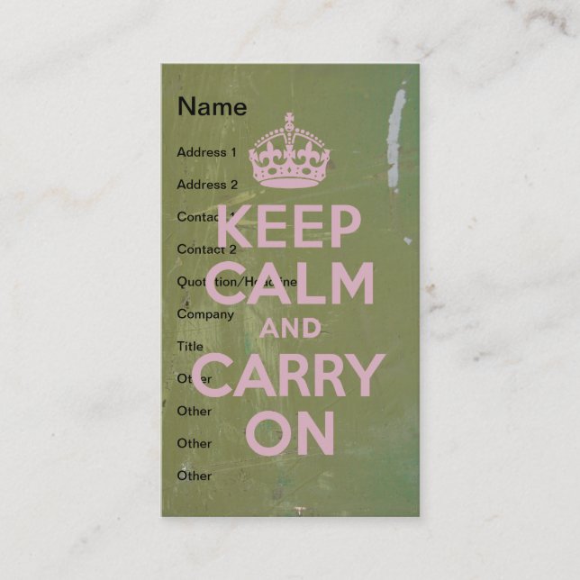 Keep Calm in Pink on Olive Paint Business Card (Front)
