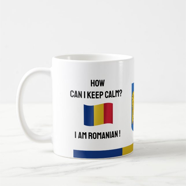 Keep Calm Romania & Funny Text, Romanian Flag Coffee Mug (Left)