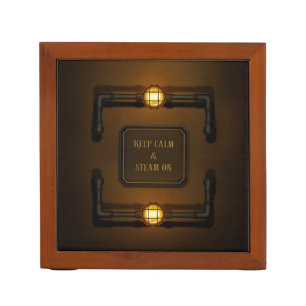 "Keep Calm & Steam On" Industrial Steampunk Sign Desk Organizer