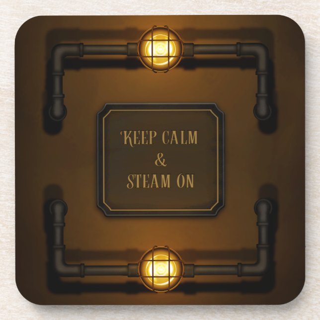 "Keep Calm & Steam On" Machine Age Steampunk Beverage Coaster (Front)