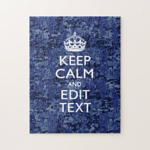 Keep Calm Your Text on Blue Digital Camouflage Jigsaw Puzzle