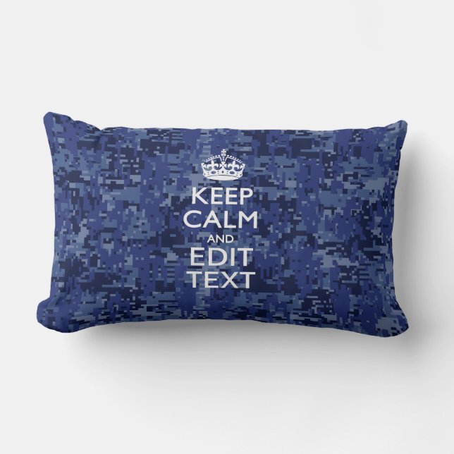 Keep Calm Your Text on Blue Digital Camouflage Lumbar Pillow (Front)