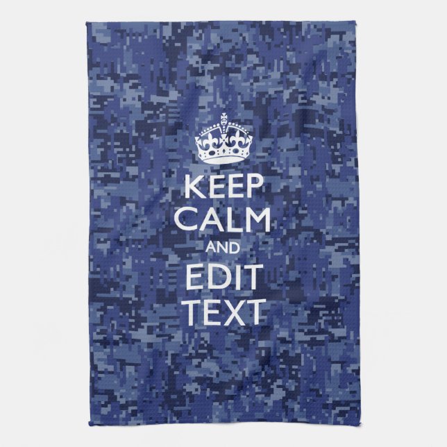 Keep Calm Your Text on Blue Digital Camouflage Towel (Vertical)