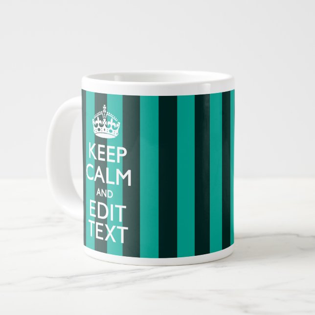 Keep Calm Your Text on Turquoise Stripes Decor Large Coffee Mug (Front Left)