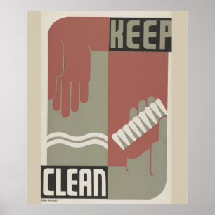 "Keep Clean" Bathroom Washroom, Vintage WPA, Poster
