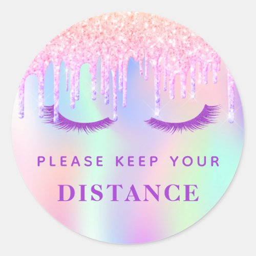Keep distance beauty salon pink glitter iridescent classic round sticker
