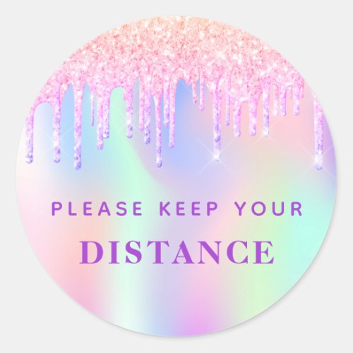 Keep distance beauty salon pink glitter iridescent classic round sticker