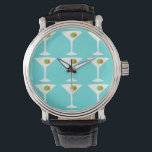 Keep 'Em Coming Martini Watch<br><div class="desc">This Keep 'Em Coming Martini Watch features a turquoise background and the tiled image of a white silhouette of a martini glass. Inside each glass is a glorious green olive with an orange pimento. This is a fun wristwatch for everyone who wishes they were a character in a classic movie....</div>