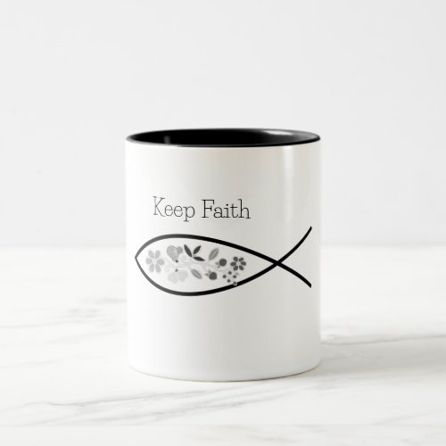 Keep Faith Fish Logo with FLowers Christian  Two_Tone Coffee Mug