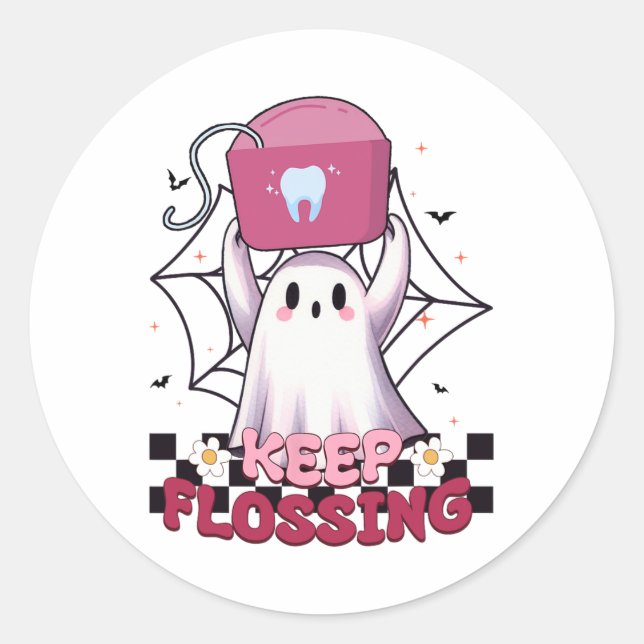 Keep Flossing Ghost Groovy Dental Hygiene Hallowee Classic Round Sticker (Front)