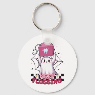 Keep Flossing Ghost Groovy Dental Hygiene Hallowee Keychain