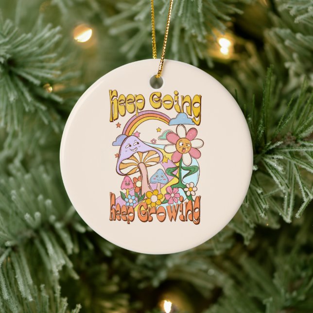 Keep Going, Keep Growing – Mushrooms & Flowers Ceramic Ornament (Tree)