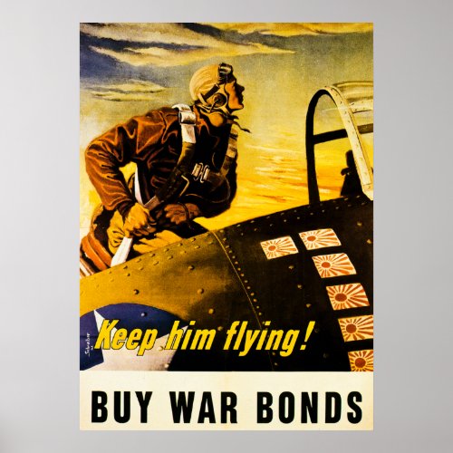 Keep Him Flying  Buy War Bonds _ Vintage WW2 Poster