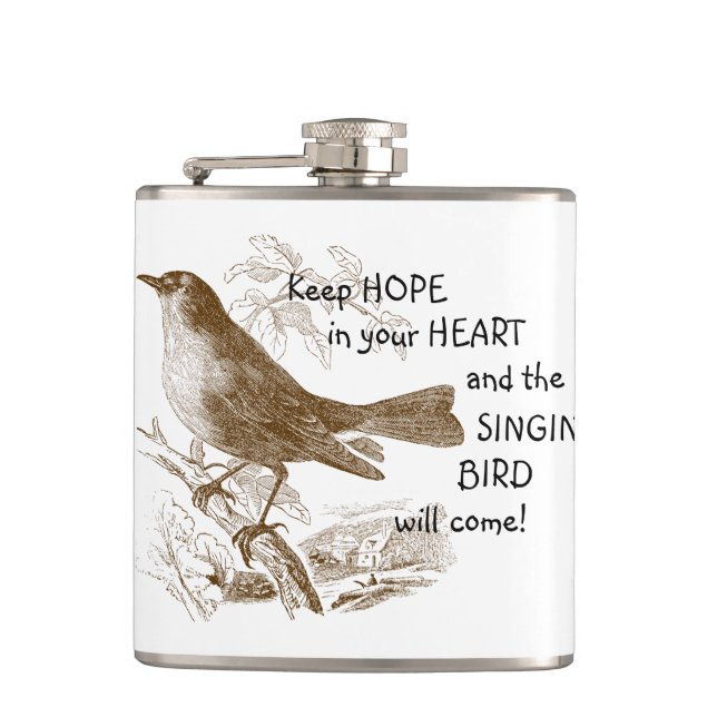 Keep Hope in Your Heart Singing Bird on Branch Flask (Front)