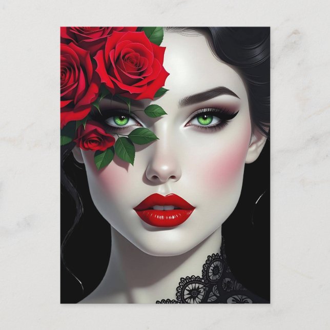 Keep in Touch | Beautiful Woman with Red Rose Postcard (Front)