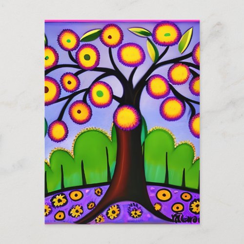 Keep in Touch  Whimsical Folk Art Tree Postcard