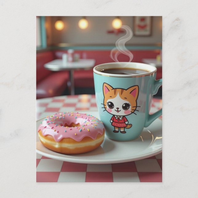 Keep in touch with this Cute Donut and Coffee Postcard (Front)