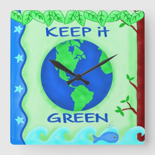 Keep It Green Save Earth Environment Art Square Wall Clock