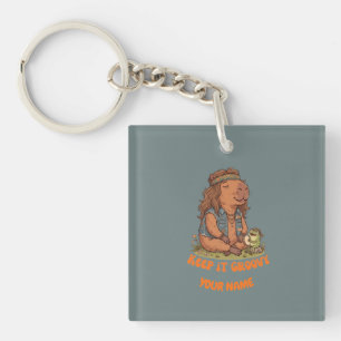 Keep It Groovy Capybara Cute Retro Custom Keychain