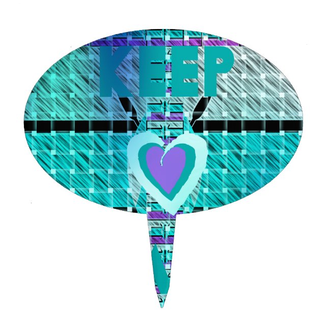 Keep It Simple: Cyan Heart & Clarity Pattern Art Cake Topper (Front)