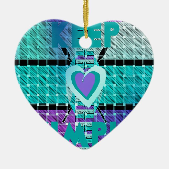 Keep It Simple: Cyan Heart & Clarity Pattern Art Ceramic Ornament (Front)