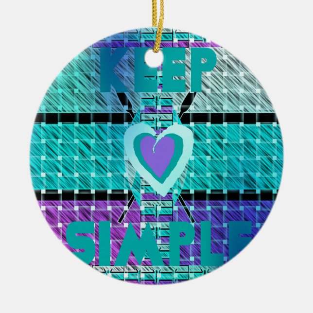 Keep It Simple: Cyan Heart & Clarity Pattern Art Ceramic Ornament (Front)