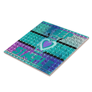 Keep It Simple: Cyan Heart & Clarity Pattern Art Ceramic Tile