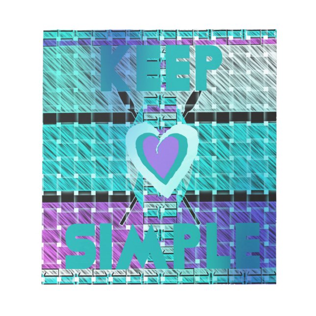 Keep It Simple: Cyan Heart & Clarity Pattern Art Notepad (Front)