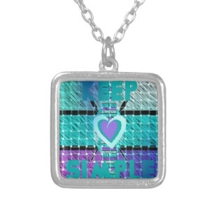 Keep It Simple: Cyan Heart & Clarity Pattern Art Silver Plated Necklace