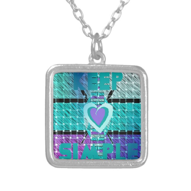 Keep It Simple: Cyan Heart & Clarity Pattern Art Silver Plated Necklace (Front)