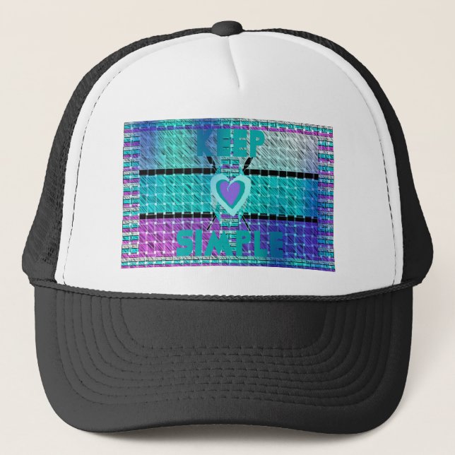 Keep It Simple: Cyan Heart & Clarity Pattern Art Trucker Hat (Front)