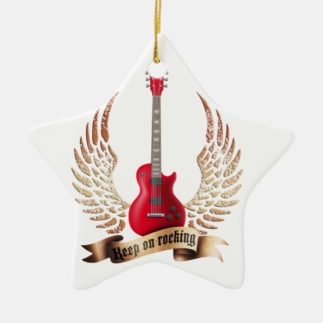 keep on rocking electric guitar wings ceramic ornament (Front)