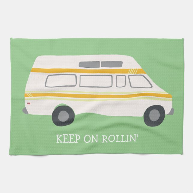 KEEP ON ROLLIN Retro Campervan Motorhome RV Green Kitchen Towel (Horizontal)