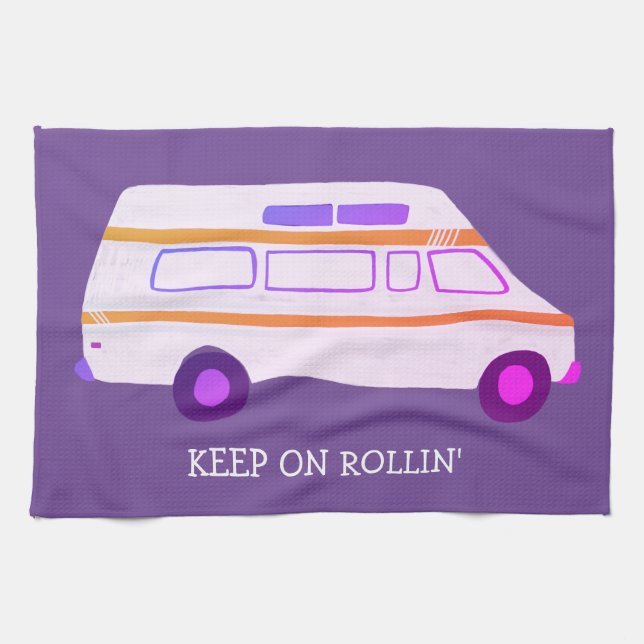 KEEP ON ROLLIN Retro Campervan Motorhome RV Purple Kitchen Towel (Horizontal)