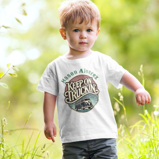 Keep On Truckin’ Retro 60s Personalized  Baby T-Shirt (Keep on truckin’ in groovy 60s style! A vintage tee for road trips, van life, and retro flair.)