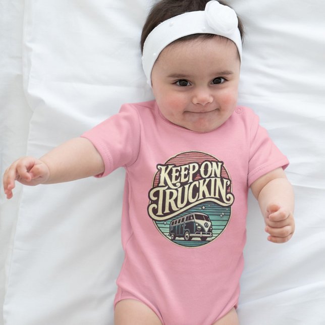 Keep On Truckin’ Retro 60s Personalized Pink  Baby Bodysuit (Keep on Truckin cool baby one piece with 60's vibe. great baby shower gift for groovy new parents)