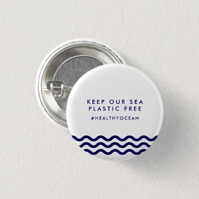 Keep Our Sea Plastic Free Ocean Nautical Waves Button (Front & Back)