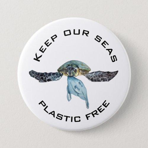 Keep our Sea Plastic Free Watercolor Turtle Button