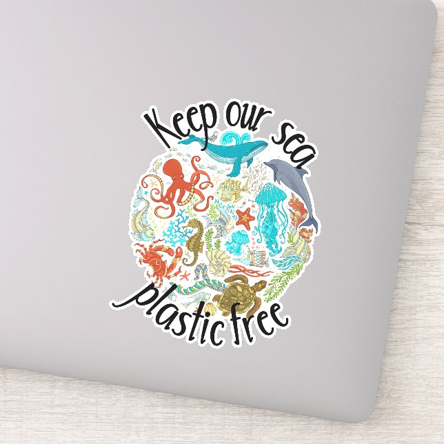 Keep Our Sea Plastic Free Whale Turtle Sticker (Detail)