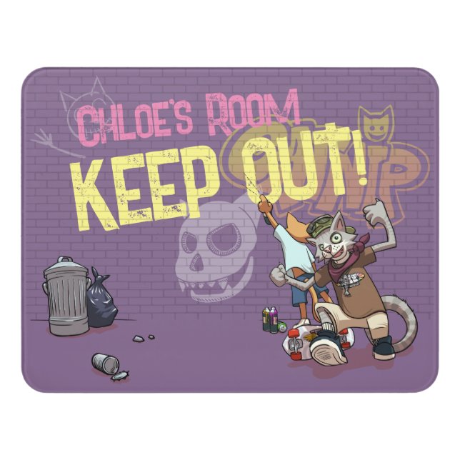 Keep Out! Girls Skateboard Cats Graffiti Cartoon Door Sign (Contemporary Front)