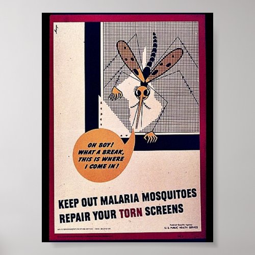 Keep Out Malaria Mosquitoes Repair Your Torn Scree Poster