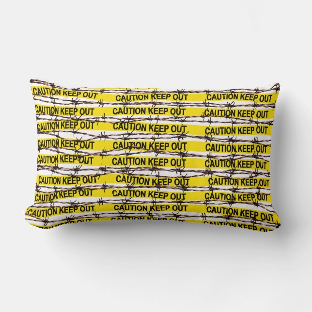 Keep Out! Yellow Tape and Barbed Wire Lumbar Pillow (Front)