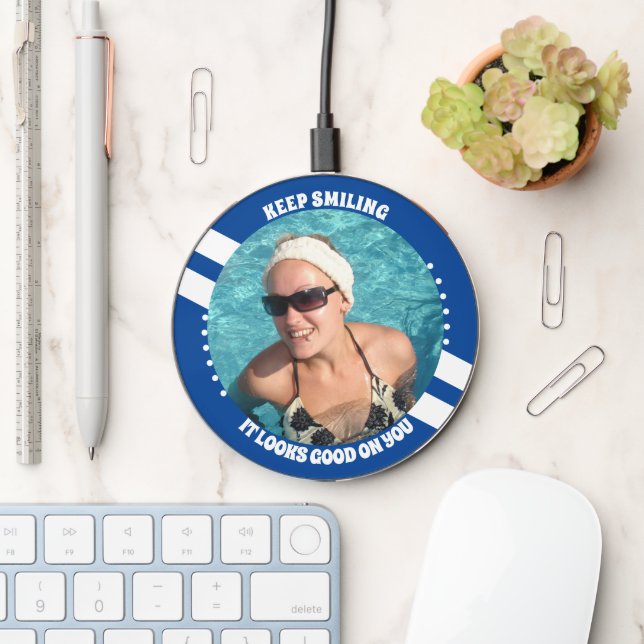 Keep smiling add photo white deep blue wireless charger  (Desk)