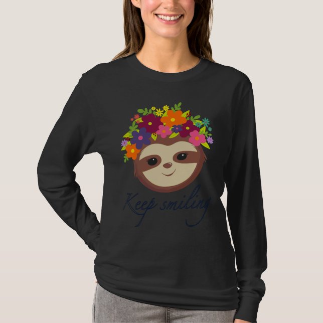 Keep Smiling Floral Wreath Sloth Lavender T-Shirt (Front)