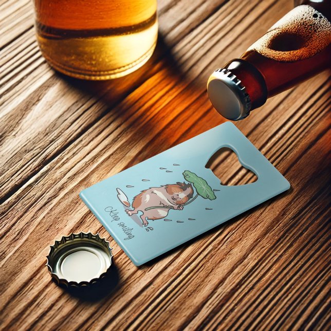 Keep Smiling Happy Guinea Pig Enjoying The Rain Credit Card Bottle Opener (Creator Uploaded)